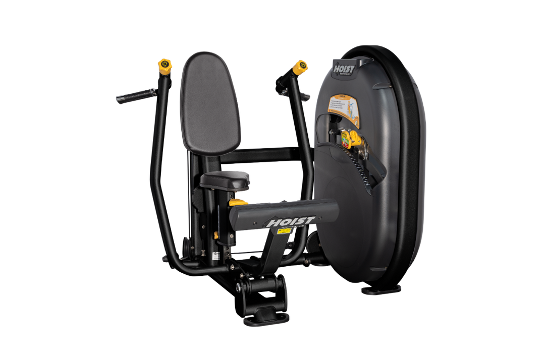 Seated black chest press machine with forward pressing handles and back support for upper body strength training