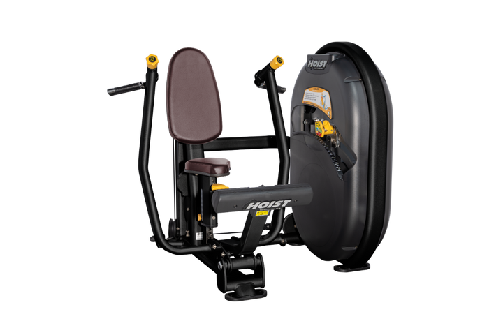 Seated burgundy chest press machine with forward pressing handles and back support for upper body strength training
