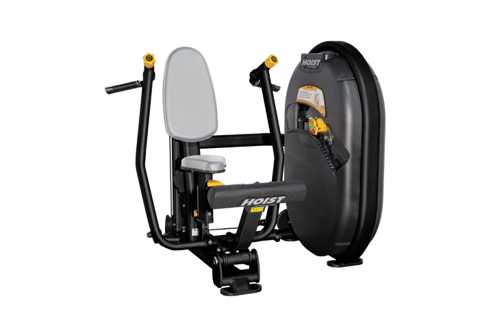 Seated dove grey chest press machine with forward pressing handles and back support for upper body strength training