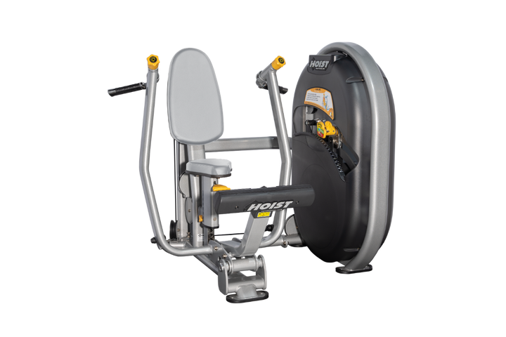 Seated dove grey chest platinum press machine with forward pressing handles and back support for upper body strength training