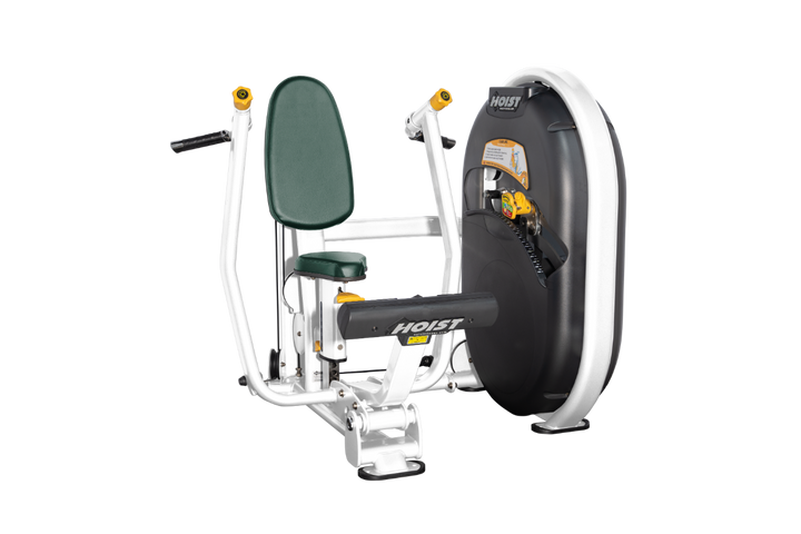 Seated chest hunter green white press machine with forward pressing handles and back support for upper body strength training