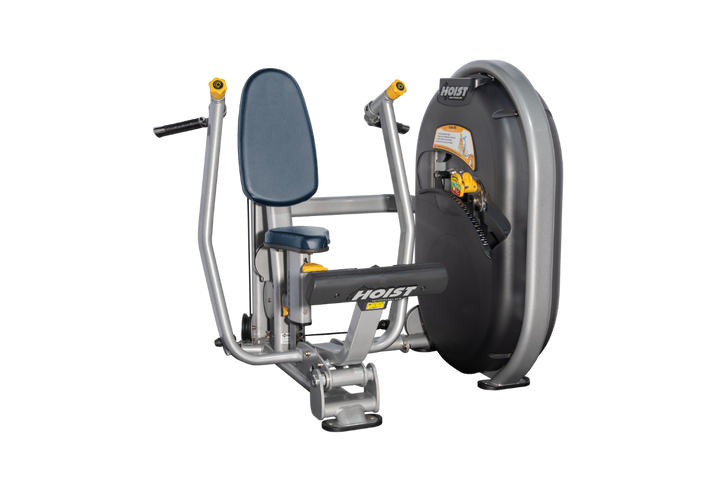 Seated chest navy blue platinum press machine with forward pressing handles and back support for upper body strength training