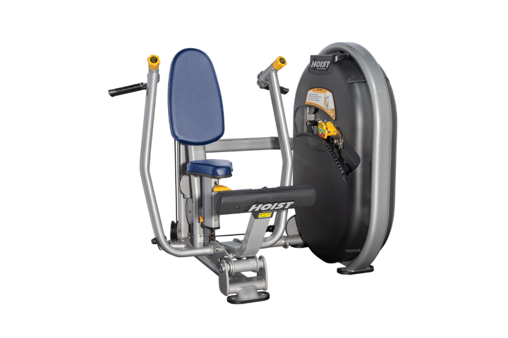 Seated chest royal blue platinum press machine with forward pressing handles and back support for upper body strength training