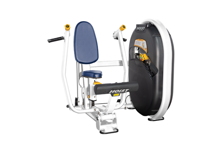 Seated chest royal white press machine with forward pressing handles and back support for upper body strength training