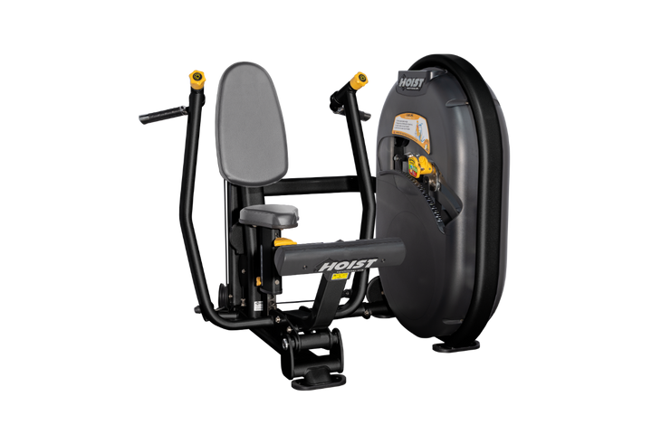 Seated slate grey chest press machine with forward pressing handles and back support for upper body strength training