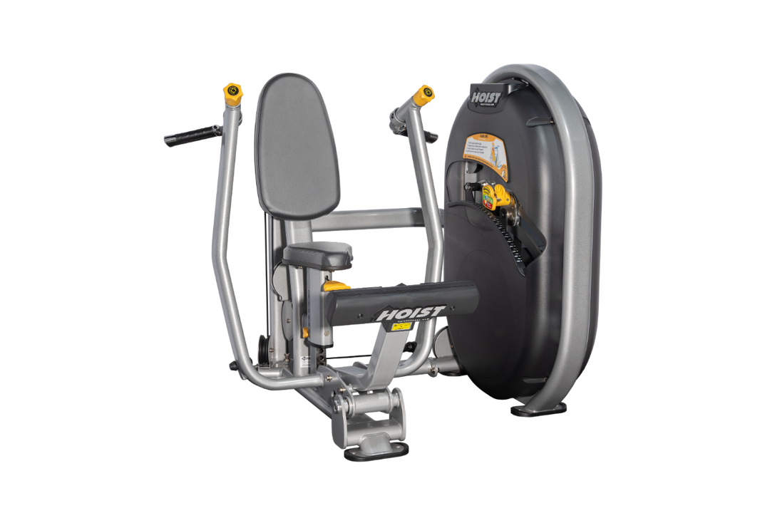 Seated chest platinum press machine with forward pressing handles and back support for upper body strength training