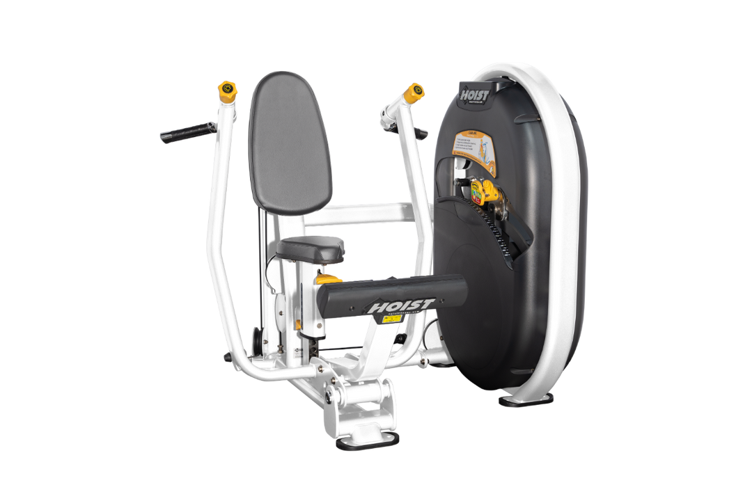 Seated slate grey chest platinum press machine with forward pressing handles and back support for upper body strength training