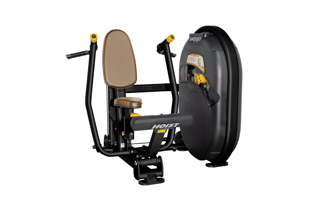 Seated chest WHT press machine with forward pressing handles and back support for upper body strength training