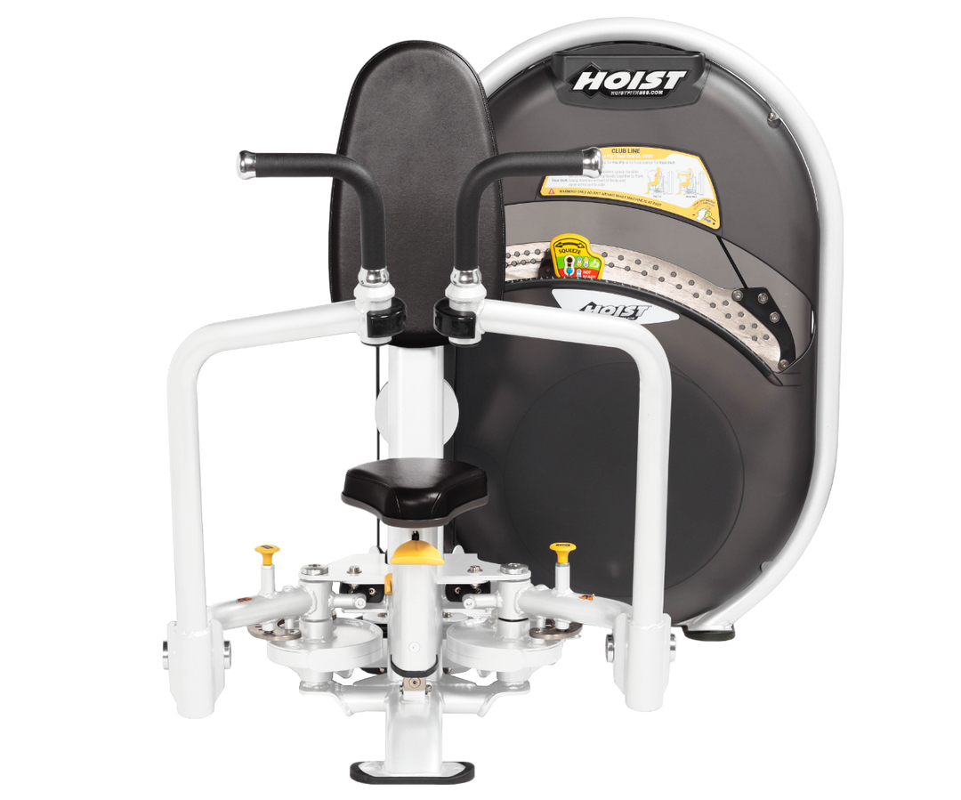 White BLK Dual-function pec fly and rear delt machine with adjustable arms and seated position for chest and shoulder training