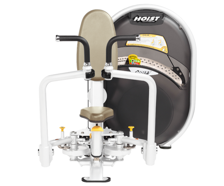 White Dual-function pec fly and rear delt machine with adjustable arms and seated position for chest and shoulder training