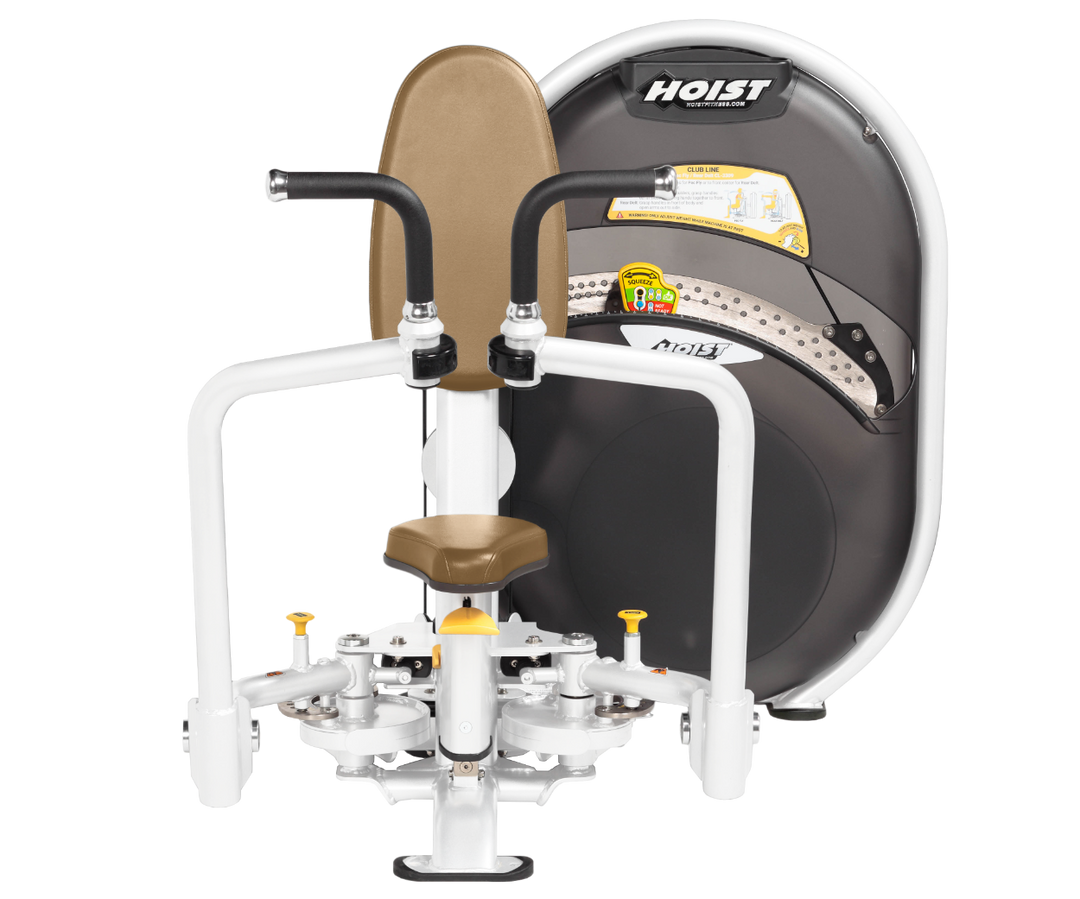 White Dual-function pec fly and rear delt machine with adjustable arms and seated position for chest and shoulder training
