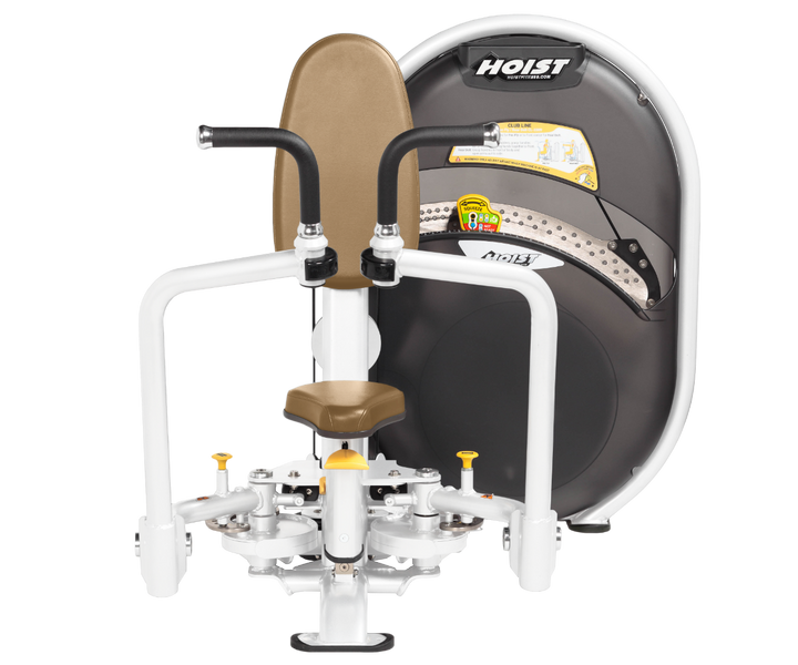 White Dual-function pec fly and rear delt machine with adjustable arms and seated position for chest and shoulder training