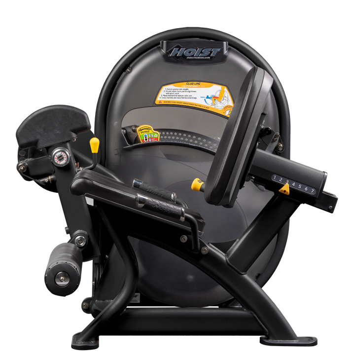 Matte Black Seated leg extension machine with padded ankle rollers and adjustable seat for quadriceps training