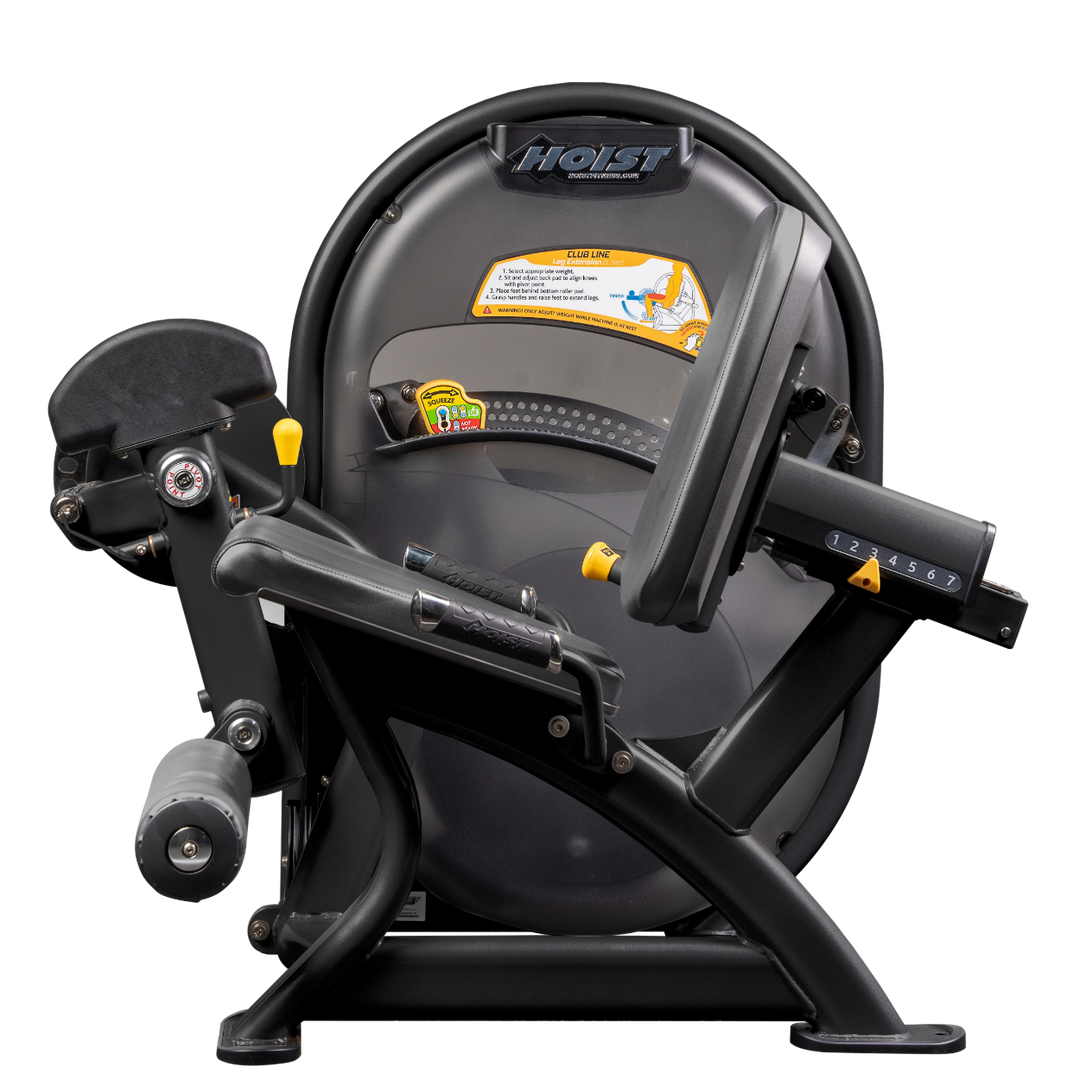Matte Black SLG Seated leg extension machine with padded ankle rollers and adjustable seat for quadriceps training
