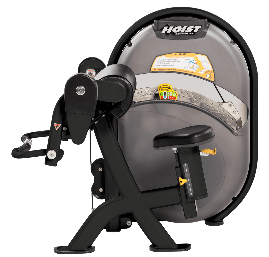 BLK Seated biceps curl machine with arm pad and rotating handles for isolated arm strength training