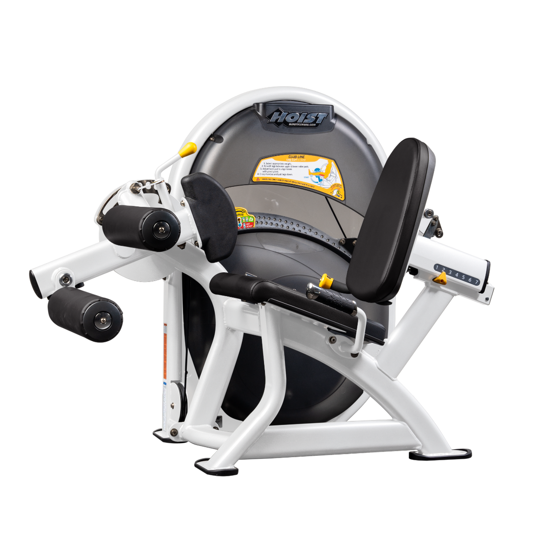 White BLK Seated leg curl machine with padded rollers and adjustable back support for hamstring training