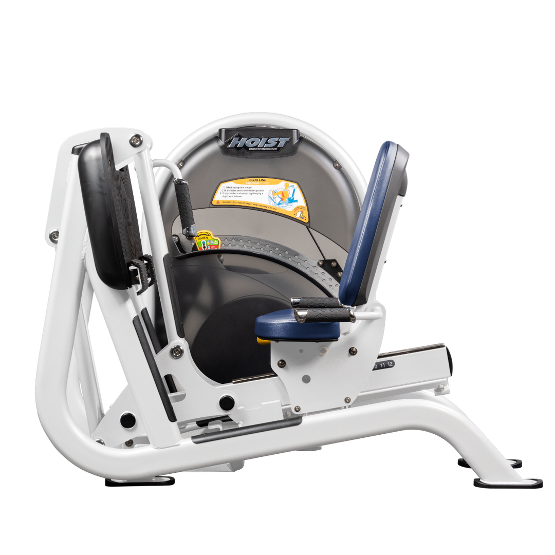 RYL White Seated leg press machine with angled foot platform and back support for lower body strength training