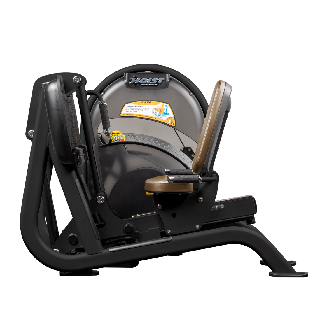 Seated leg press machine with angled foot platform and back support for lower body strength training