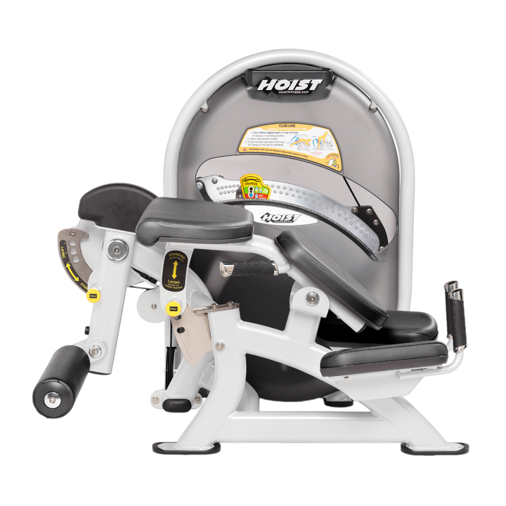White Dual-function standing and prone leg curl machine with adjustable pads for targeted hamstring training