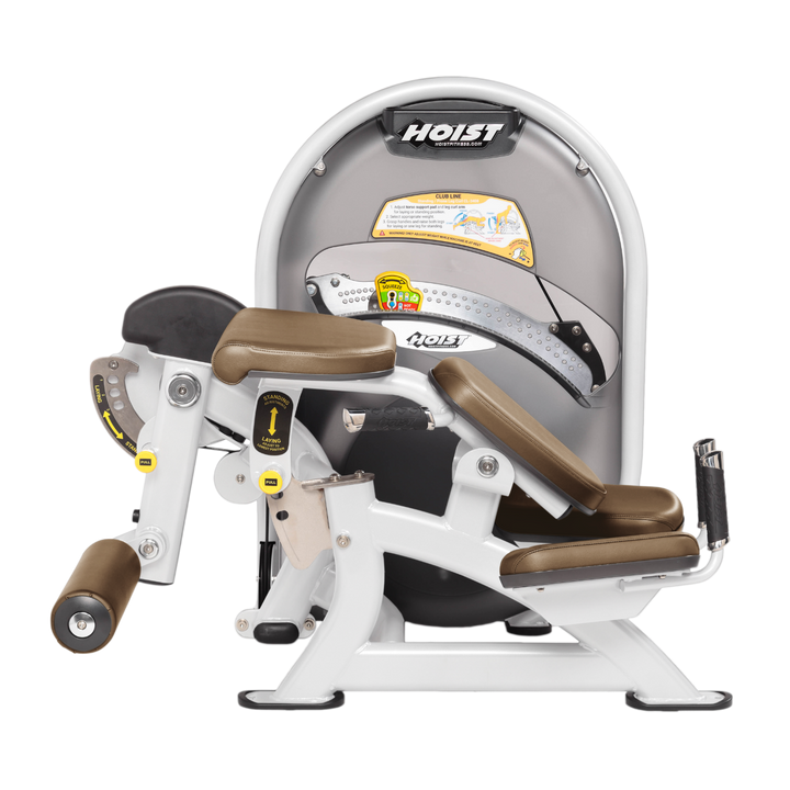 White Dual-function standing and prone leg curl machine with adjustable pads for targeted hamstring training