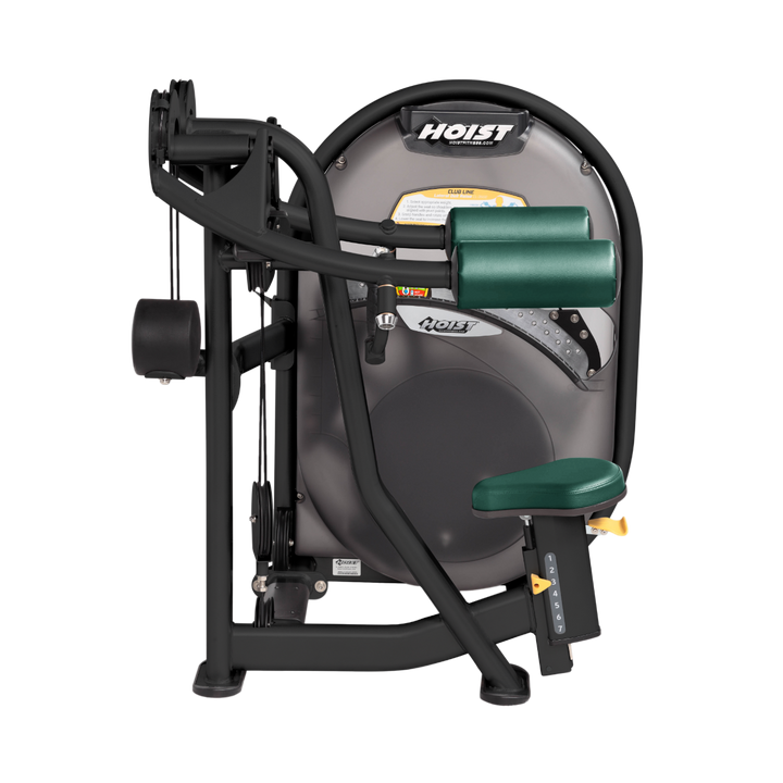 Seated lateral raise machine with arm pads and handles designed for shoulder isolation exercises