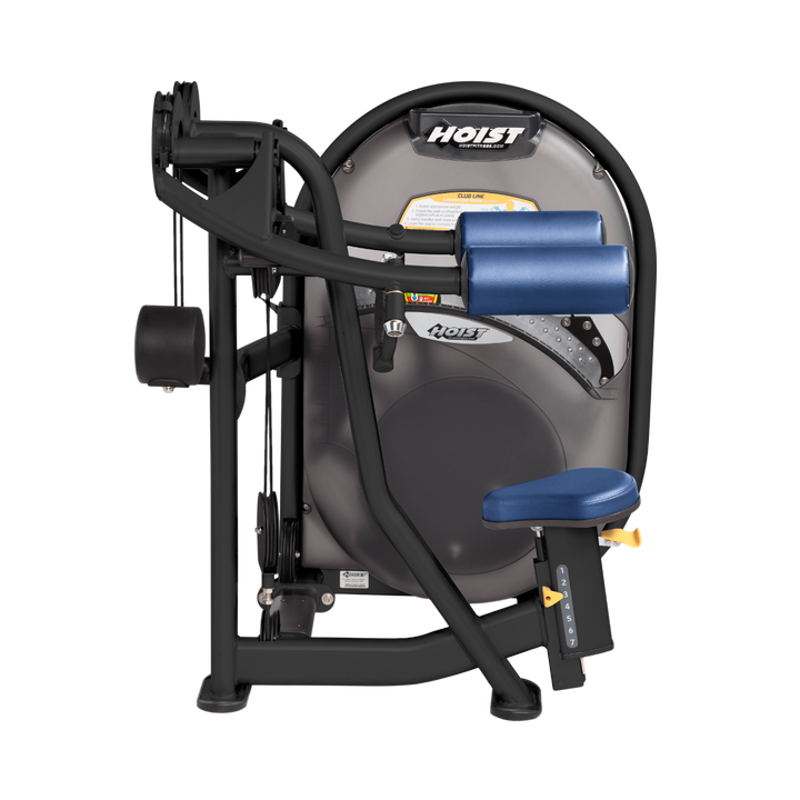 Seated lateral raise machine with arm pads and handles designed for shoulder isolation exercises