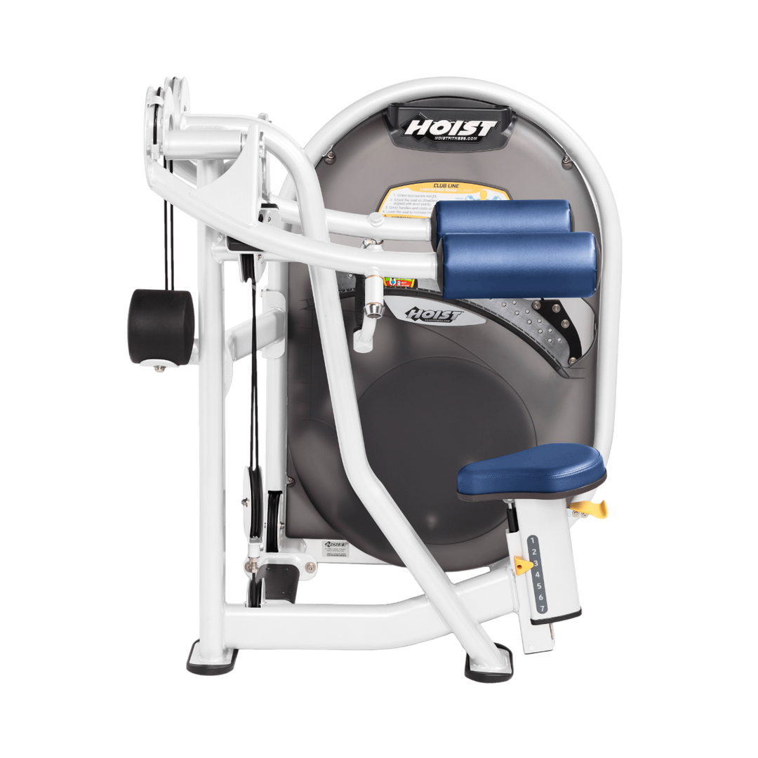 White Seated lateral raise machine with arm pads and handles designed for shoulder isolation exercises