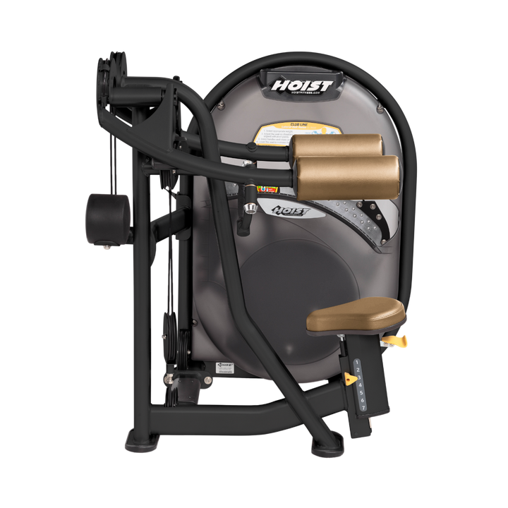 Seated lateral raise machine with arm pads and handles designed for shoulder isolation exercises