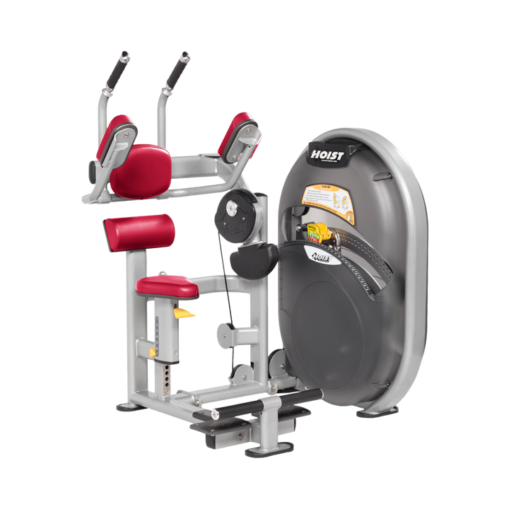 Seated abdominal crunch machine with padded arm supports and resistance housing designed for core strengthening