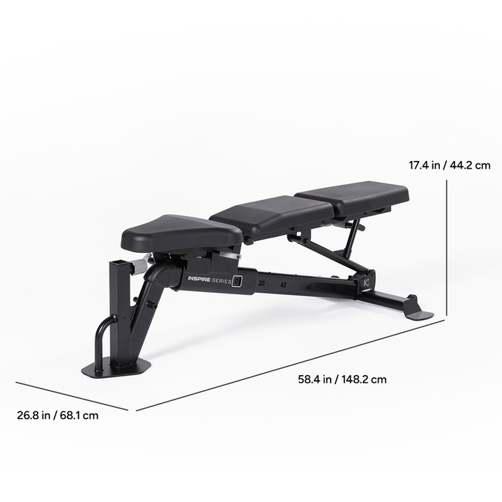 Adjustable weight bench dimensions layout showing length width and height for home gym space planning