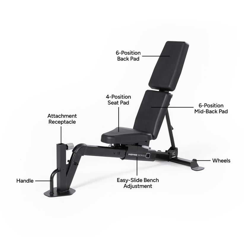 Adjustable weight bench labeled features including back pad seat positions and frame components for training versatility