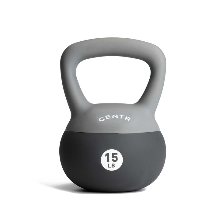 Centr 15 lb soft round kettlebell with molded PVC body and wide ergonomic handle