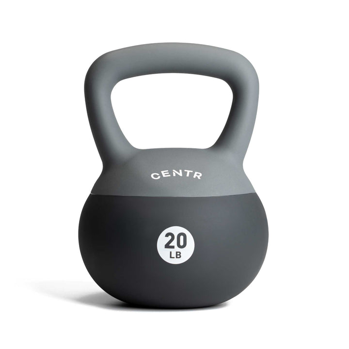 Front view of Centr 20 lb soft round kettlebell with wide molded handle
