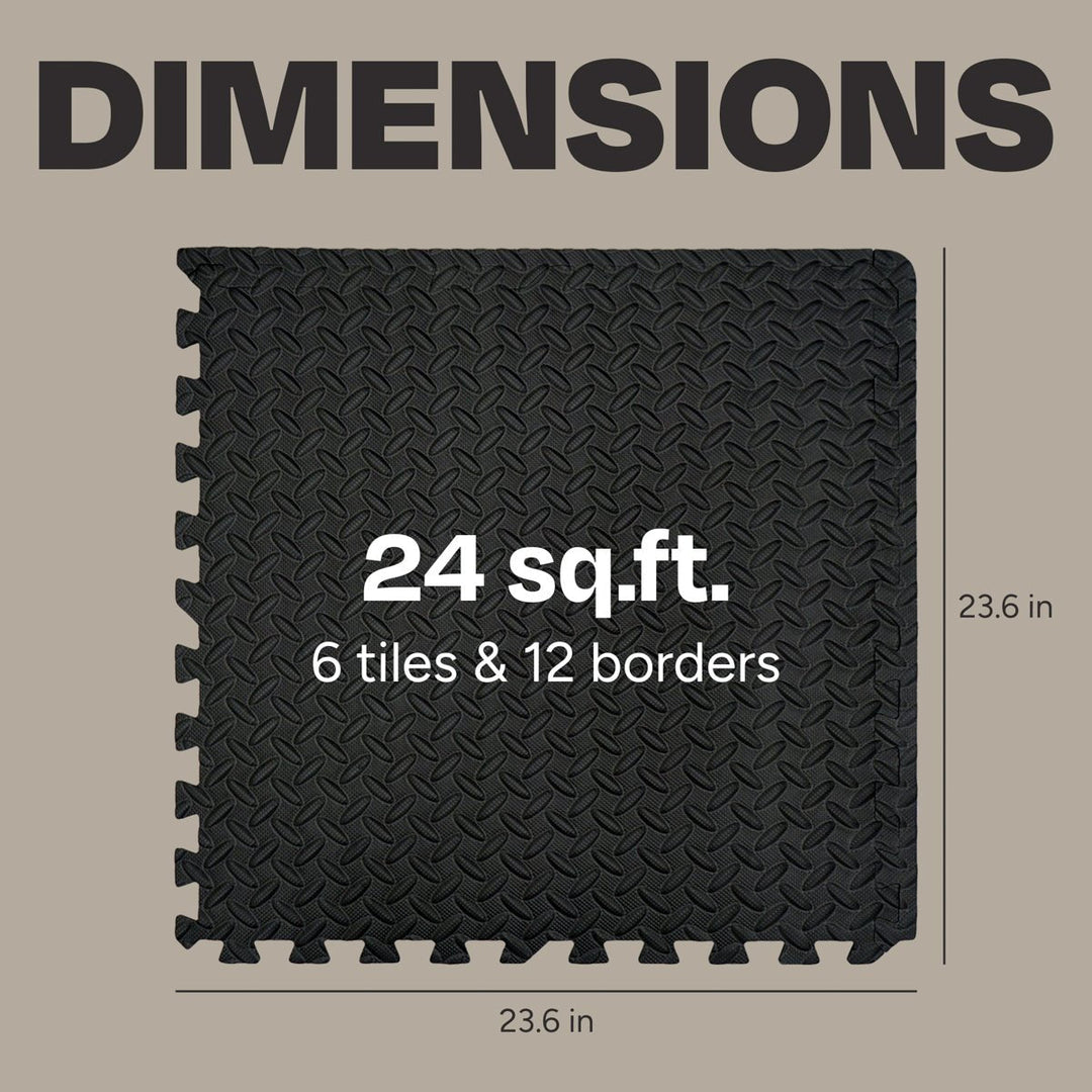 Centr gym flooring 24 sq. ft. layout with 6 interlocking EVA tiles and 12 borders