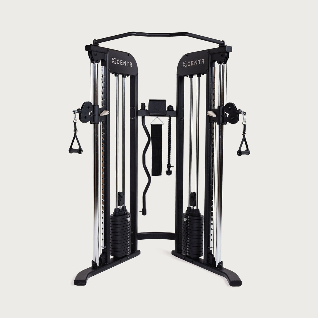 Centr 2 functional trainer front view with dual weight stacks, adjustable pulleys, and multi-grip pull-up bar