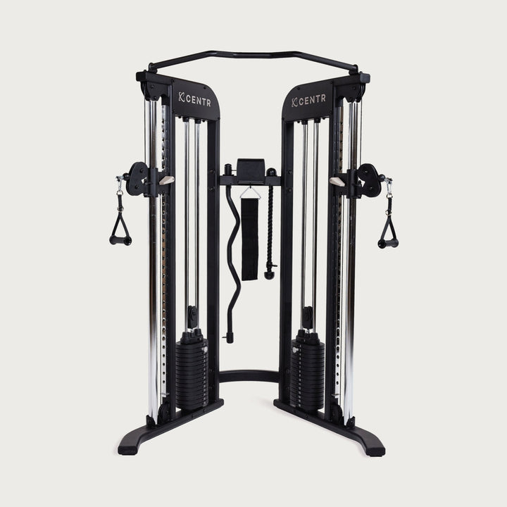 Centr 2 functional trainer front view with dual weight stacks, adjustable pulleys, and multi-grip pull-up bar