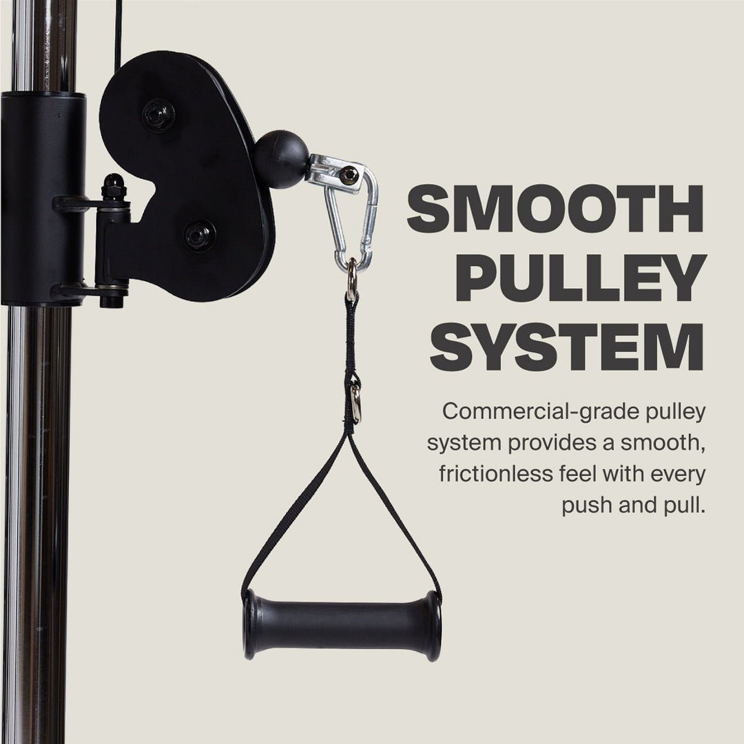 Close-up of the Centr 2 functional trainer adjustable pulley system and cable handle