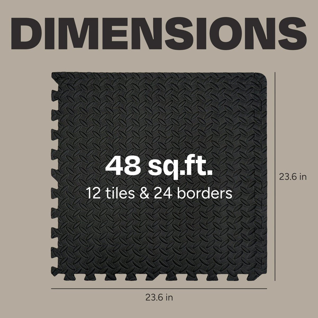 Centr gym flooring 48 sq. ft. layout with 12 interlocking EVA tiles and 24 borders