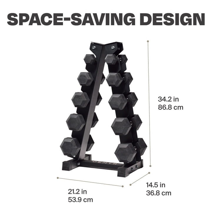 Centr A-frame dumbbell rack showing compact storage dimensions with five dumbbell pairs
