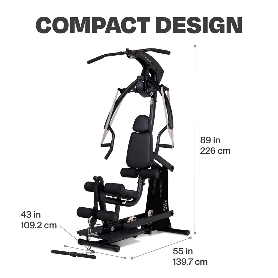 Centr body weight home gym showing its 43 x 55 in footprint and maximum 89 in height