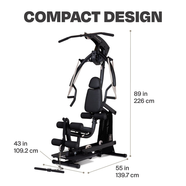Centr body weight home gym showing its 43 x 55 in footprint and maximum 89 in height