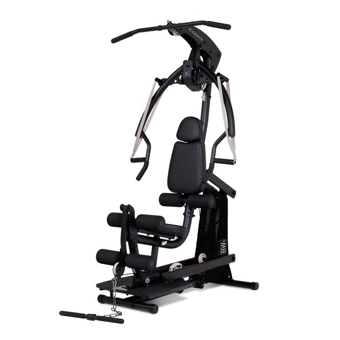 Centr body weight home gym front view with pulleys, press arms, adjustable seat, and leg station