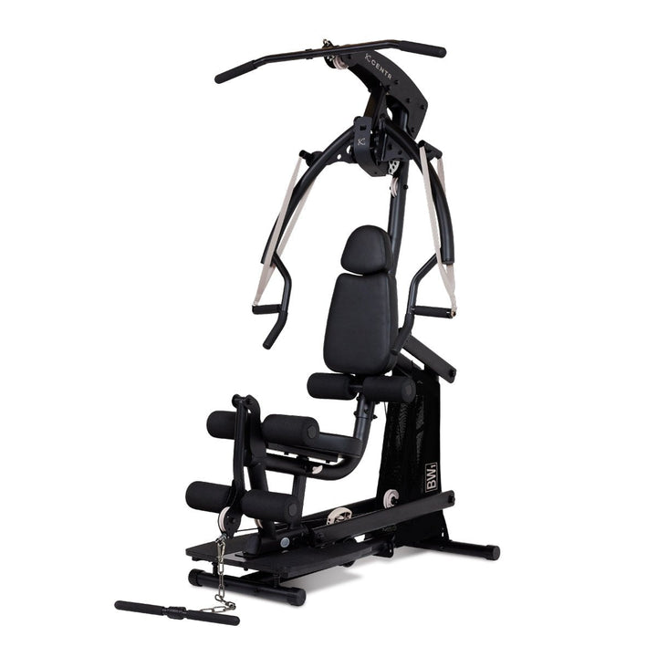 Centr body weight home gym front view with pulleys, press arms, adjustable seat, and leg station
