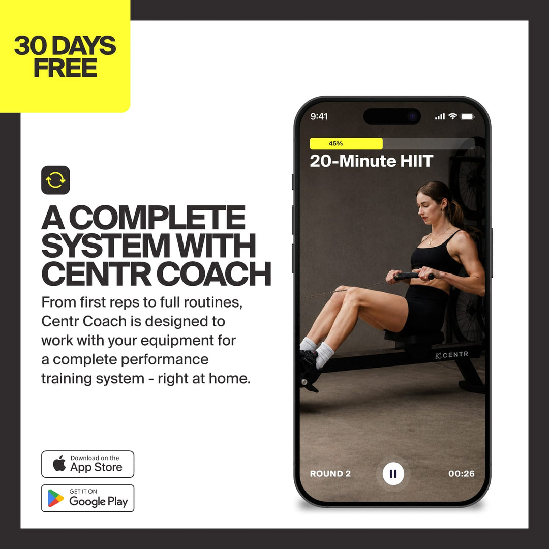 Centr Coach mobile app displaying guided rowing workout for the Perform Series Rower.