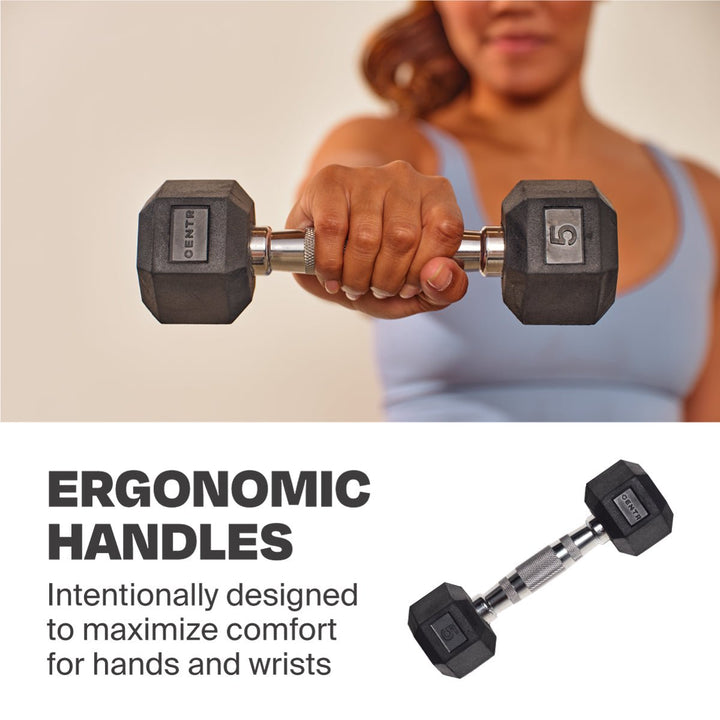 Centr rubber hex dumbbell with contoured ergonomic handle held during strength training