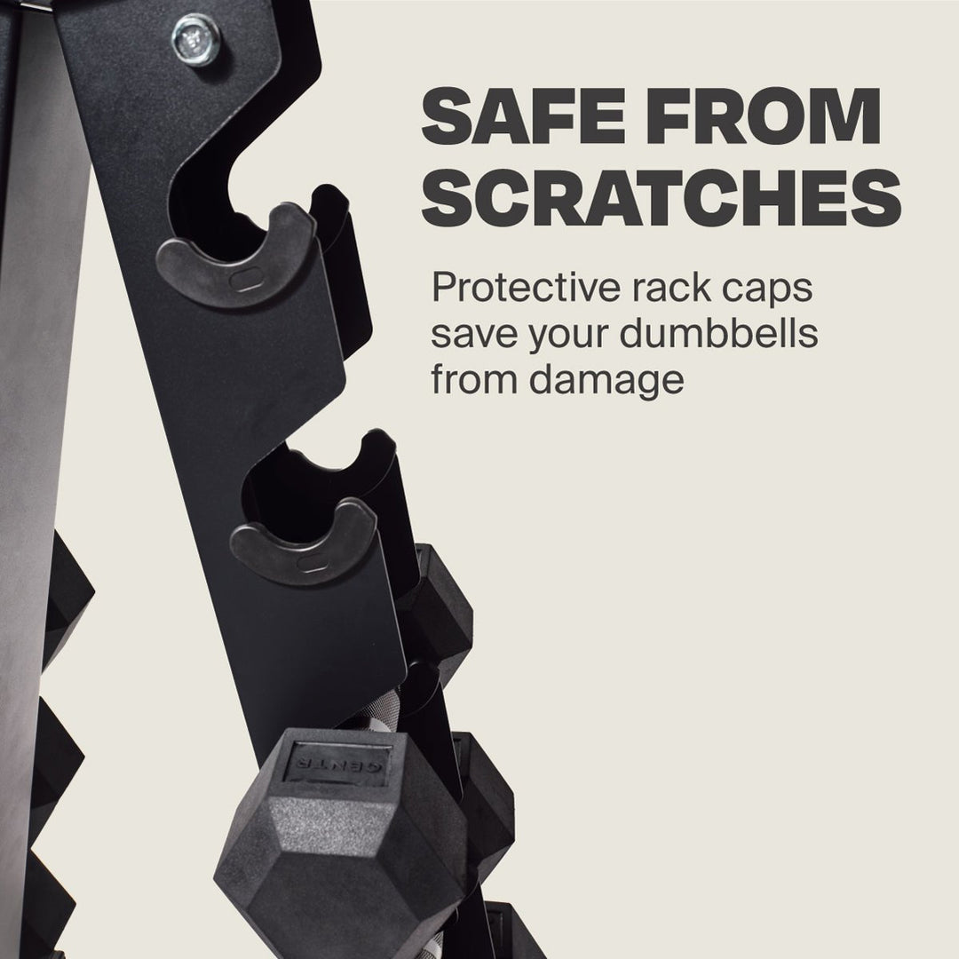 Close-up of protective rack caps on the Centr A-frame dumbbell storage rack