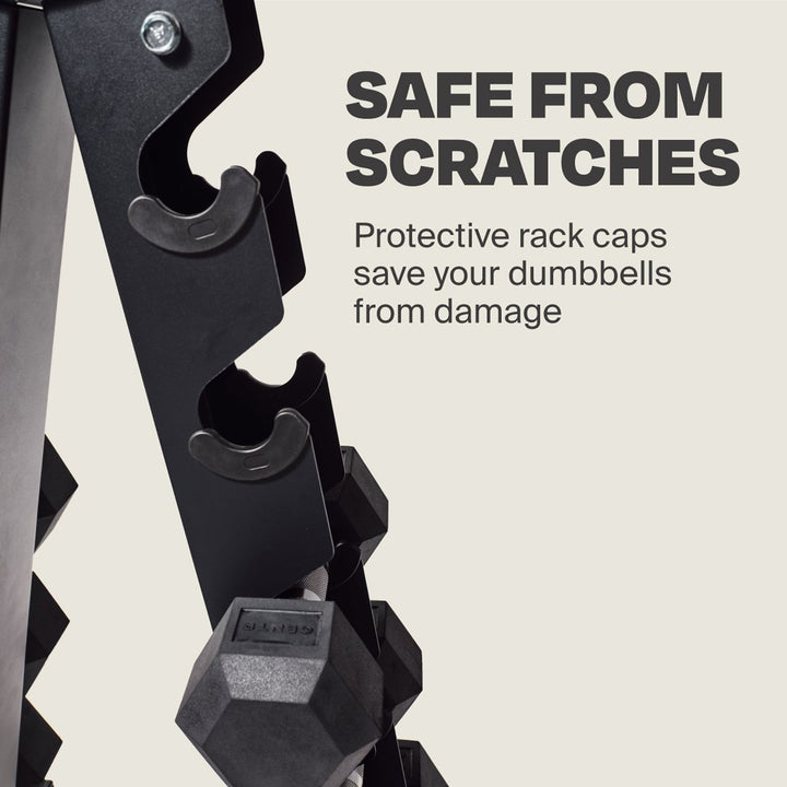 Close-up of protective rack caps on the Centr A-frame dumbbell storage rack