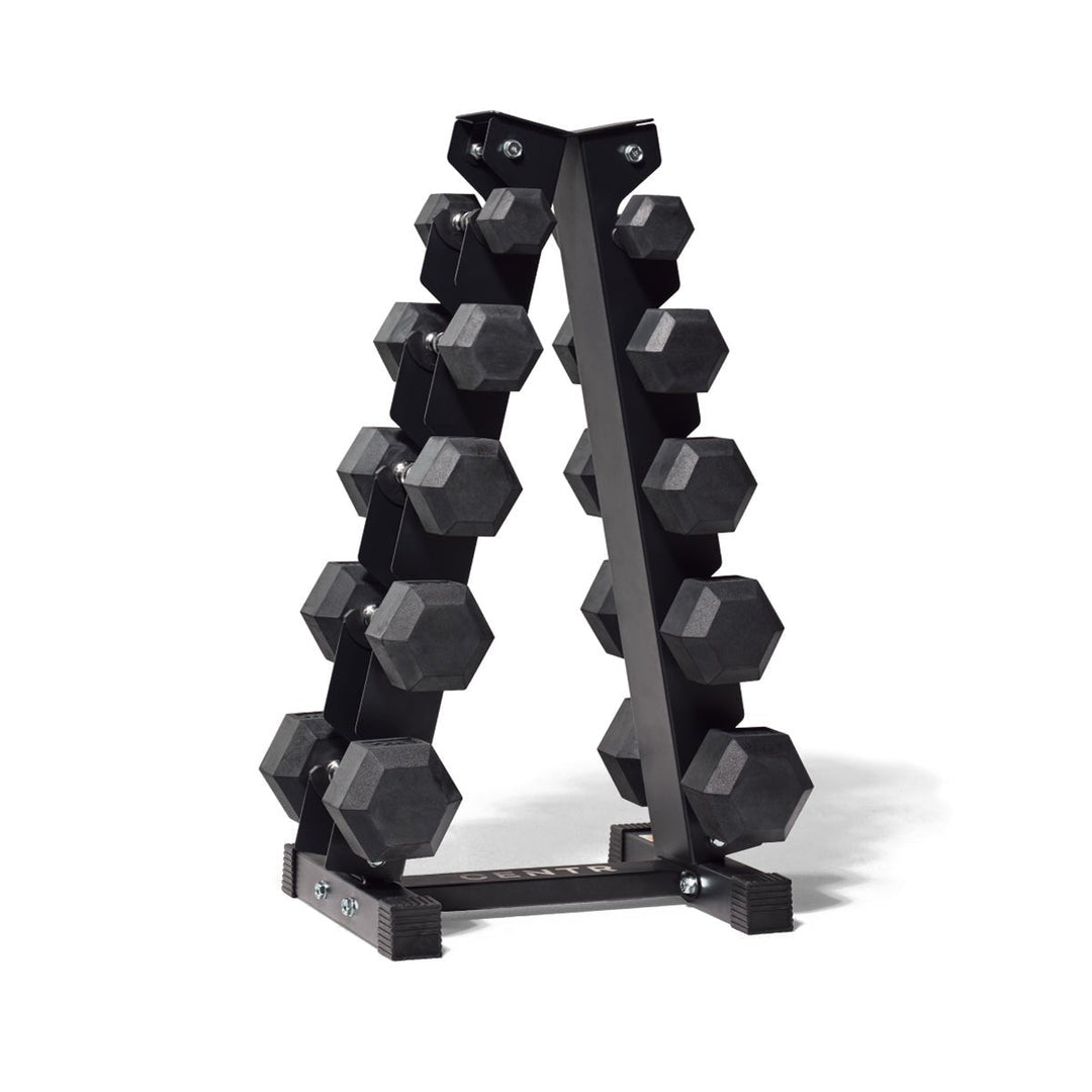 Centr rubber hex dumbbell set with five weight pairs stored on a black A-frame rack