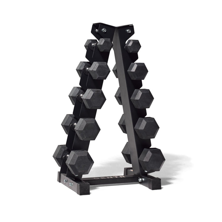 Centr rubber hex dumbbell set with five weight pairs stored on a black A-frame rack