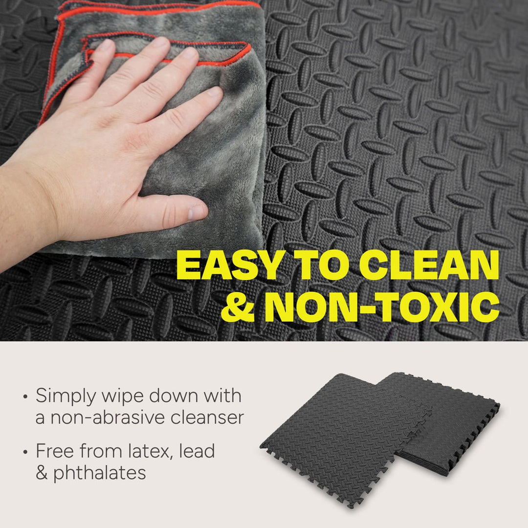 Centr EVA foam gym flooring being wiped clean with a cloth on its textured surface